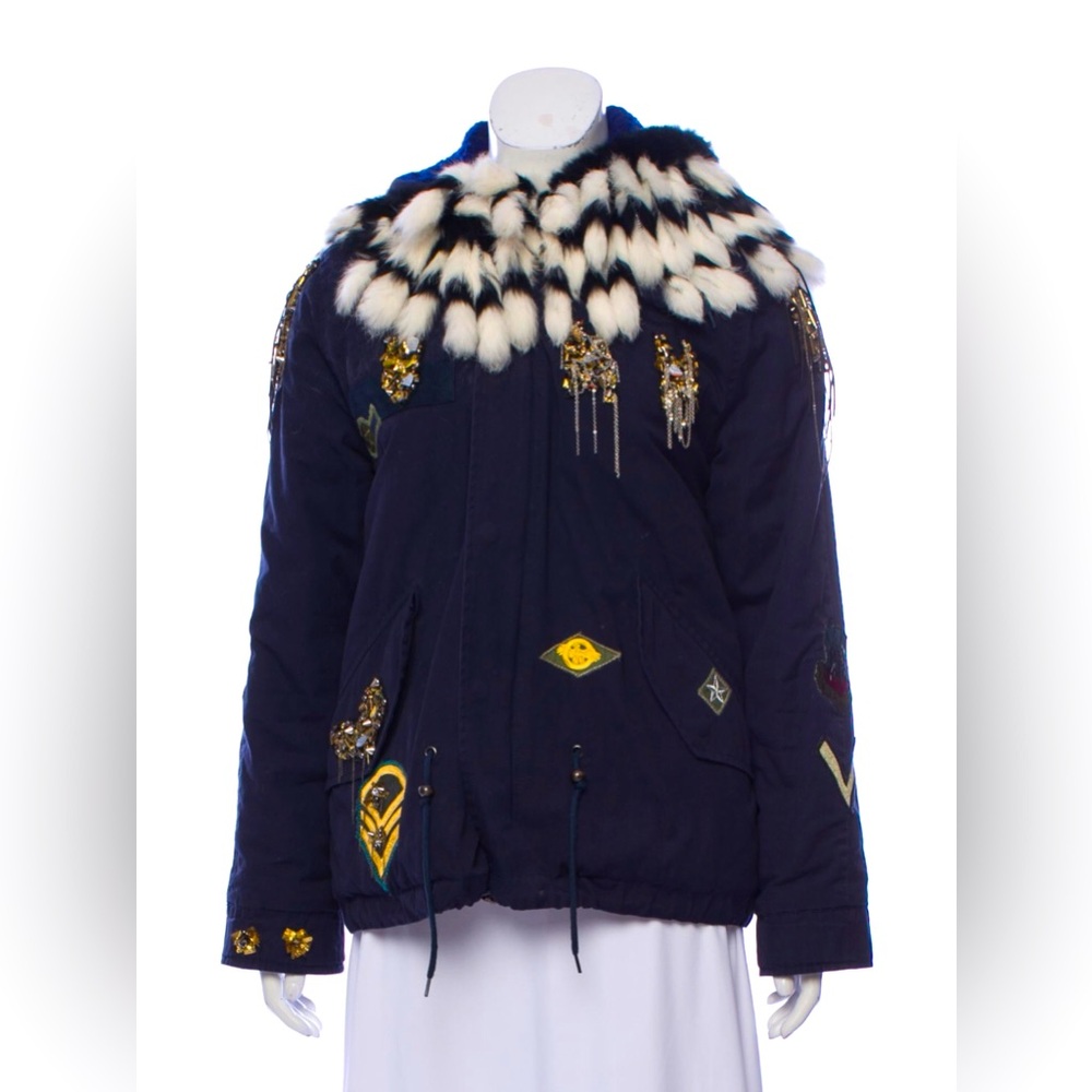 Mr & Mrs Italy fur hood tweed lining navy parka S